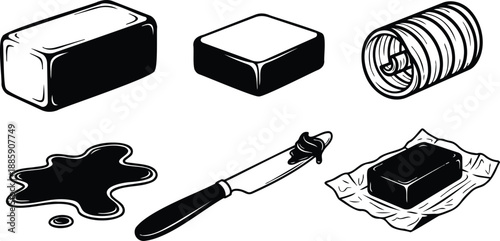 Line art close up butter blocks butter curl smear with spreading knife and crumpled wrapper top view monochrome kitchen illustration detailed hand drawn ink style minimal