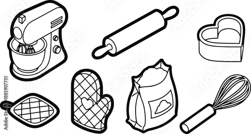 Line art kitchen baking icons set showing stand mixer and rolling pin heart cookie cutter oven mitt bag of flour whisk in simple outline style vector