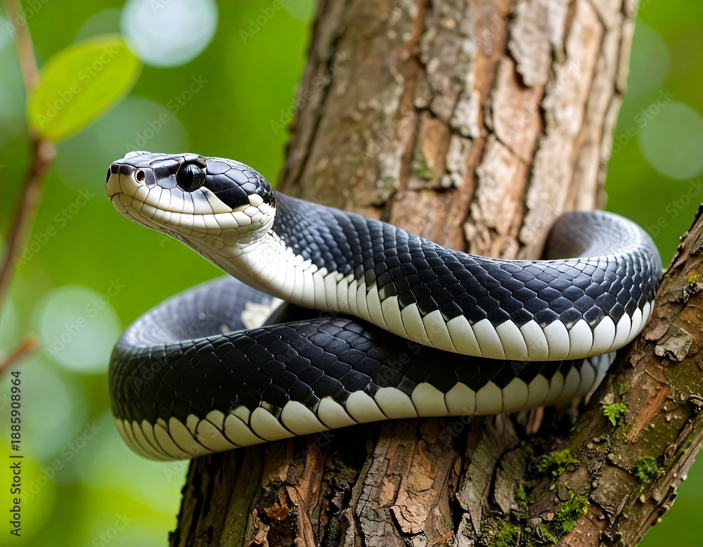 Fototapeta premium Black and White Snake Coiled on Tree Trunk.