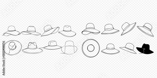 Set of various hand-drawn sun hats, including a black silhouette, perfect for summer fashion and beachwear designs.