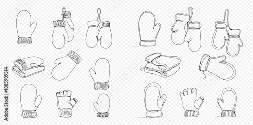 Set of hand-drawn winter mittens and gloves in various styles, isolated on transparent background.