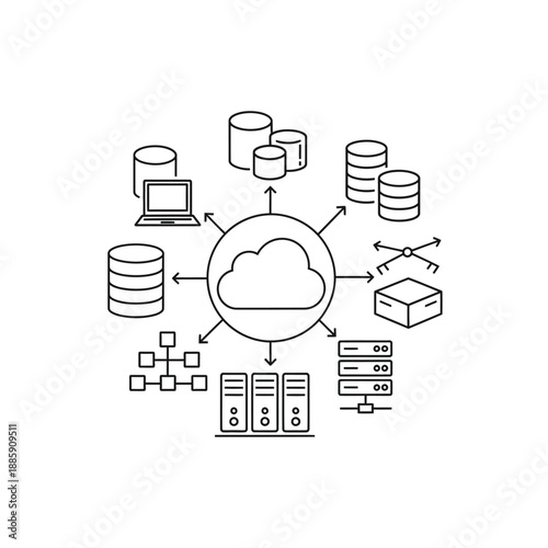 Line art illustration of cloud computing infrastructure with data storage, servers, and network connections.