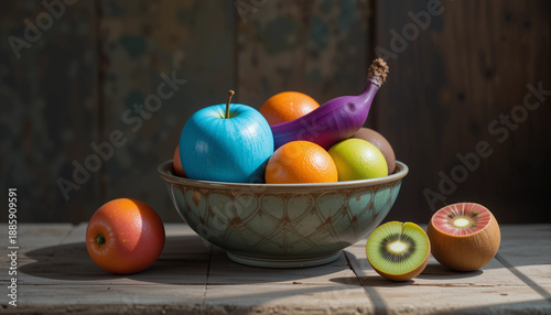 Vibrant Mixed Fruit Still Life with Rustic Wooden Background and Artistic Lighting