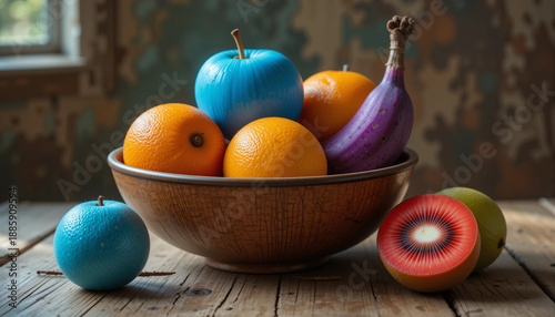 Colorful Still Life of Fresh Fruits in Wooden Bowl with Rustic Background