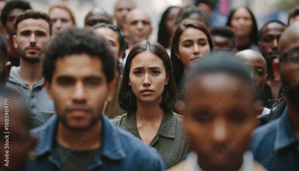 Obraz premium Concerned young woman with a serious expression stands out in sharp focus from a large, blurred, diverse crowd, looking directly at the camera with a somber mood