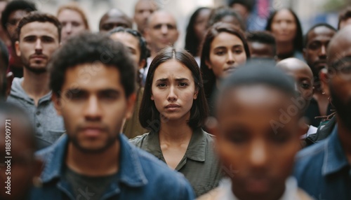 Concerned young woman with a serious expression stands out in sharp focus from a large, blurred, diverse crowd, looking directly at the camera with a somber mood