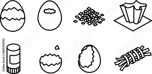 Line art icon set of cracked eggshells whole egg decorated egg carton salt shaker crumbs broken shell bundle of noodles close up minimal vector collection illustration