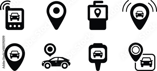 Collection of smart vehicle tracking icons featuring various map pins, car silhouettes, mobile screen locations, and digital navigation signal symbols.