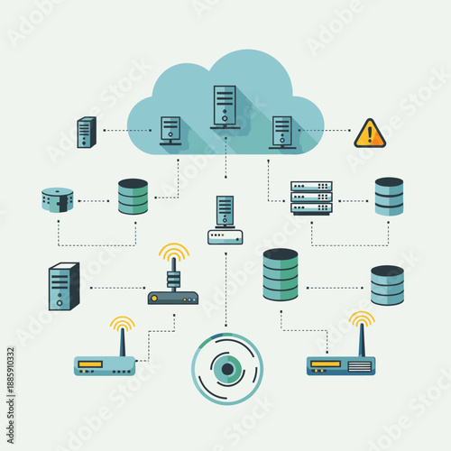 A comprehensive diagram illustrating a cloud computing network infrastructure with various connected servers, databases, and networking devices.