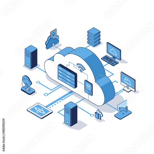 Isometric illustration of cloud computing network with servers, computers, and mobile devices connected to a central cloud.