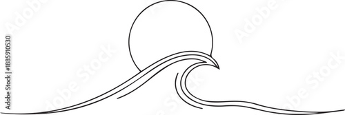 Minimalist line art depicting a wave and a partial sun or moon