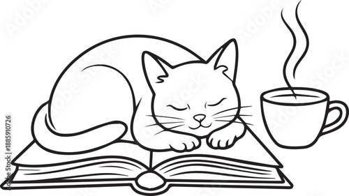 Serene cat sleeps on an open book beside a steaming cup