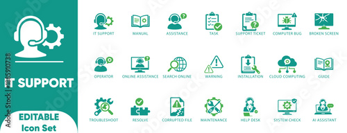 IT Support Help Desk Customer Service Technical Assistance Chatbot Vector Icon Set
