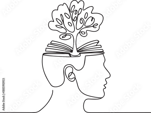 Continuous line drawing of a human head with a tree growing from an open book