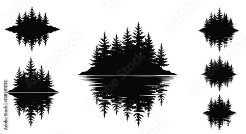 Silhouetted islands with evergreen trees and their mirrored reflections in water