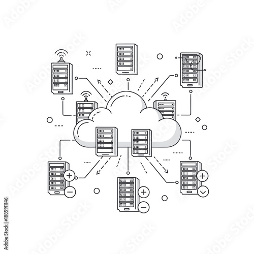 A line art illustration depicting cloud computing infrastructure with a central cloud connected to various server racks and data storage units.
