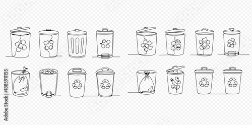 Set of trash cans and recycling bins in continuous line art style, illustrating waste management and environmental protection.