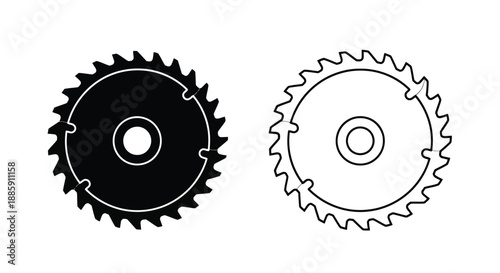 Two circular saw blades one filled and one outlined shown in black and white