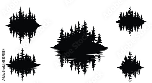 Silhouettes of coniferous trees and their reflections on still water