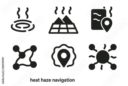 Heat Haze Icons. Solid style icons of heat haze navigation: ripple paths, desert grids, phantom panels, shimmering markers,