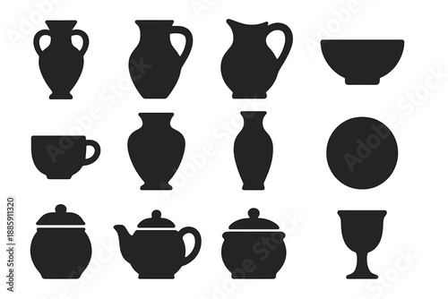 Clay Vessel Icons. Solid style icons of Clay Vessels: Amphora, Jug, Pitcher, Bowl, Cup, Urn, Vase, Plate, Storage Jar, Teapot,