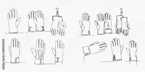 Set of one line drawing of protective gloves for work and gardening.