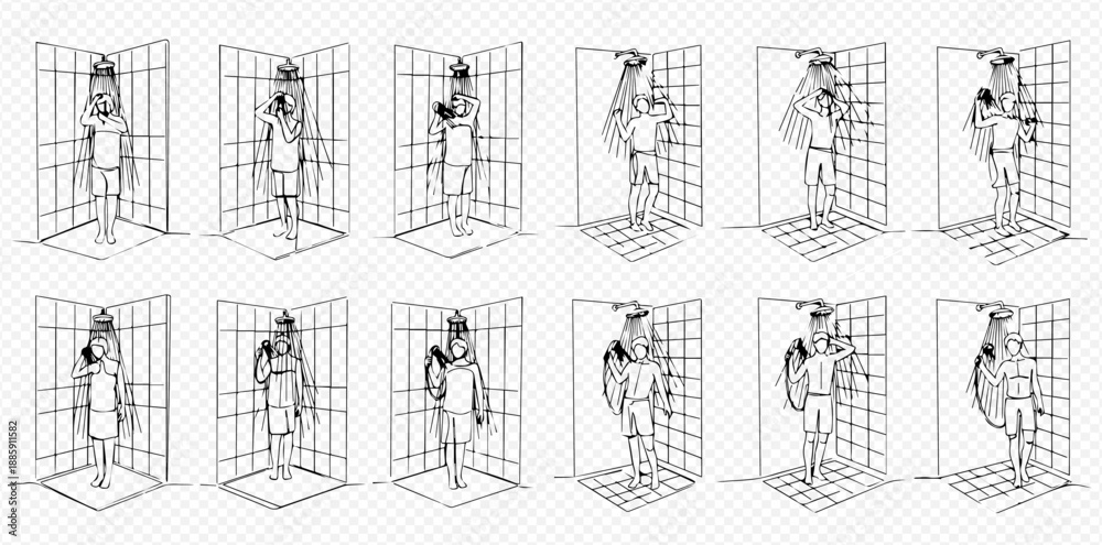Obraz premium Wireframe human figures demonstrating various poses and movements within a grid-like corner structure.
