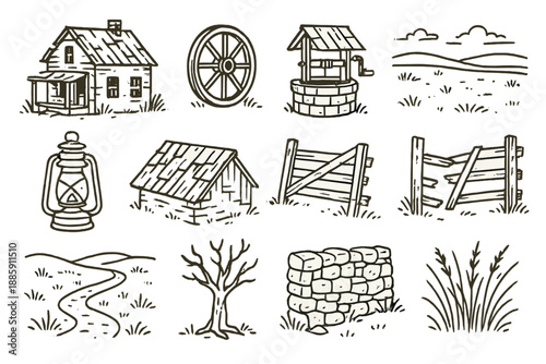 Forgotten Farm Icons. Line style icons of Forgotten Farms: Abandoned House, Wagon Wheel, Dry Well, Vast Prairie; Rusted Lantern,