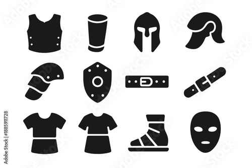 Leather Armor Icons. Solid style icons of Leather Armor: Breastplate, Bracer, Greave, Helmet, Shoulder Guard, Shield, Belt, Strap,