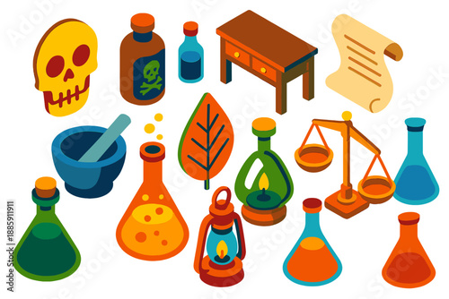 Vintage Toxicology Icons. Isometric vector illustration set Vintage Toxicology: skull symbol, poison container, antidote phial,