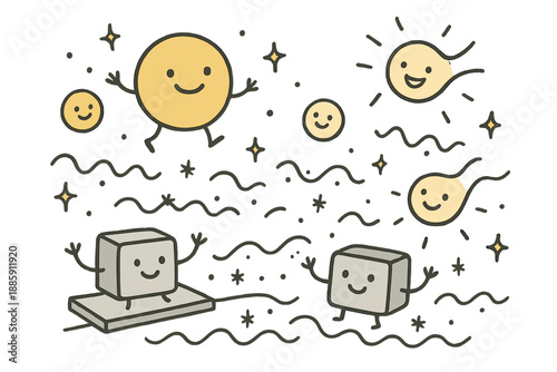 Cheerful Nano Sensor Art. Cute doodle nanoscale sensor illustration with cheerful plasmonic particles, cartoon detectors with