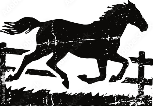 Black silhouette of horse galloping and jumping over wooden fence on white background