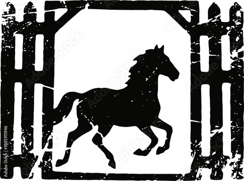 Black silhouette of a running horse framed by a rustic wooden fence in vintage