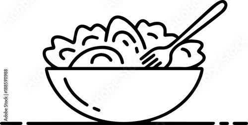 A bowl of food with a fork resting on top in a simple line drawing style