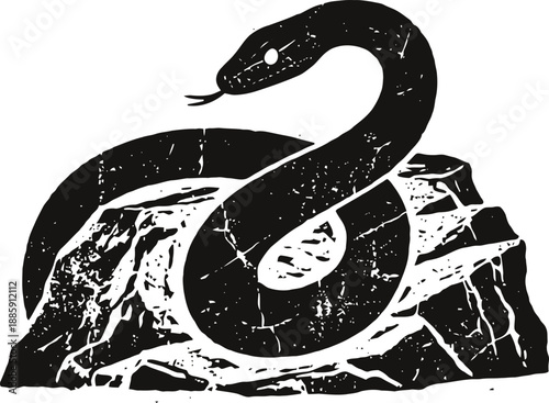 Coiled snake resting on rocky terrain with vintage textured silhouette design