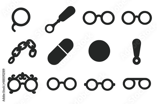 Antique Vision Aids. Solid style icons of Antique Vision Aids: Monocle, Lorgnette, Folding Spectacles, Rimless Glasses, Chain,