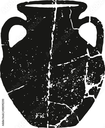 Ancient cracked pottery jar silhouette with two handles, rustic vintage ceramic vessel shape