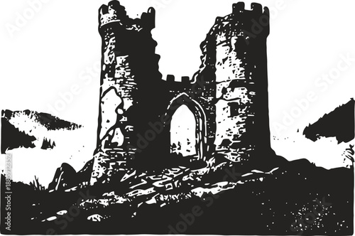 medieval stone castle ruins with two round towers and an arched gateway on rocky hill