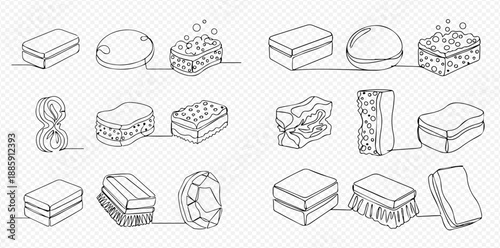 Continuous line drawing of various cleaning sponges and brushes for household chores and personal hygiene.