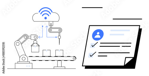 Robotic arm managing production with cloud data link above assembly line and checklist with blue profile icon. Ideal for automation, IoT, production, technology, quality, logistics, minimalism. A