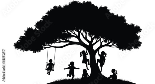 Children playing under a large tree a silhouette against white background