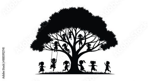 Silhouette of a large tree with children playing around its base