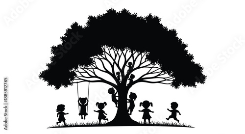 Children playing near a large tree in a simple black and white silhouette