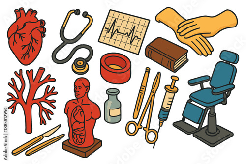 Vintage Cardiology Icons. Isometric vector illustration set Vintage Cardiology: classic heart anatomy, stethoscope tubing, EKG