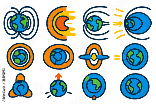 Magnetosphere Vector Icons. Flat vector icons of magnetosphere: Earth with magnetic lines, bow shock arc, magnetotail extension,