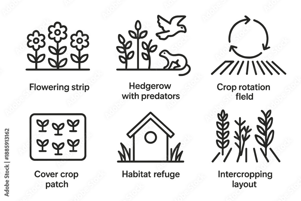 Fototapeta premium Habitat Management Icons. Line style icons of Habitat Management: flowering strip, hedgerow with predators, crop rotation field,