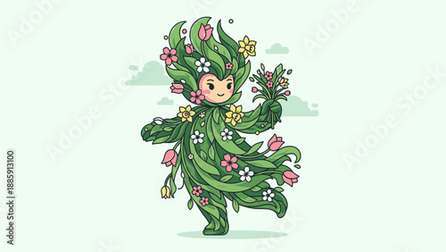 Cartoon Character Dressed in Floral Green Costume.