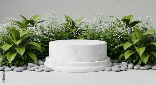 Marble pedestal surrounded by greenery and white flowers