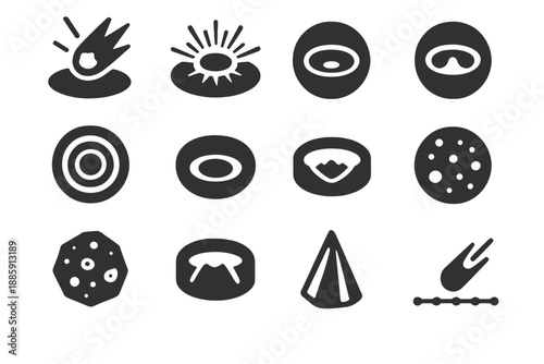 Planetary Impact Icons. Solid style icons of planetary impact craters: meteor strike, ejecta rays, central peak, multi-ring basin,