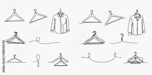 Set of one line drawing clothes hangers with a shirt, minimalist fashion and laundry concept.